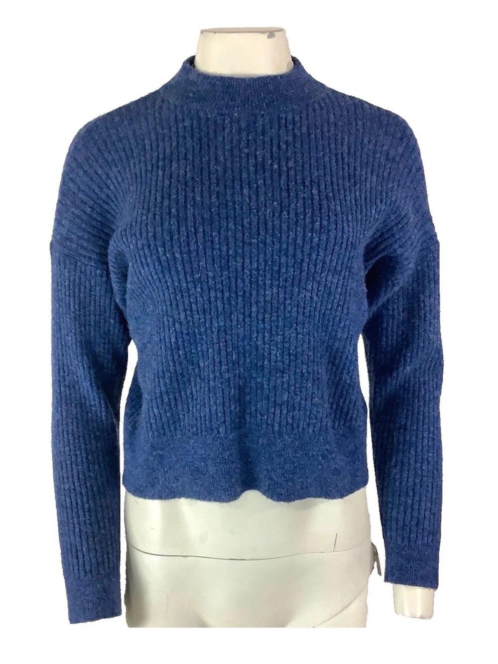 Club Monaco Sz XS Wool Alpaca Blend Rib Cropped Mock Neck Winter Sweater Blue